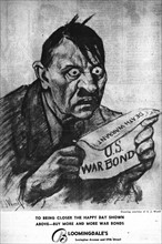 patriotic American propaganda poster published during World war two depicting Adolf Hitler