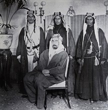 King Abdullah I of Jordan with his Habbani Jewish bodyguards, the brothers Sayeed, Salaah, and Saadia Sofer, c. 1922