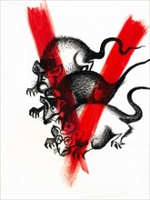 American propaganda poster depicting the V for Victory sign imposed on rats representing Japan, Italy and Germany, during World war two 1943