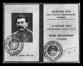 Membership document from 1939, showing Soviet leader Josef Stalin as a honorary member of the Academy of Sciences of the Soviet Union