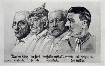 Image of German leaders, left to right. Fredrick the great, Otto von Bismarck, Paul von Hindenburg Adolf Hitler