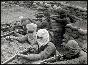 Photograph of Indian infantrymen training for gas attacks