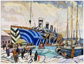 Painting depicting the HMS Olympic return with soldiers by Arthur Lismer