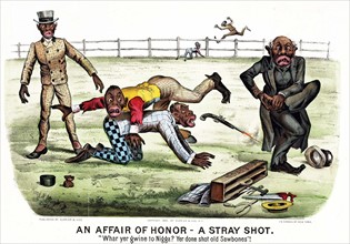 Colour illustration by Currier and Ives titled 'An Affair of Honor - a Stray Shot