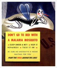 World War Two US propaganda poster 'Don’t go to Bed with a Malaria Mosquito'
