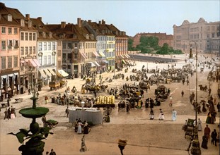 cheese market in Hochbrucke Square, Copenhagen, Denmark, 1900