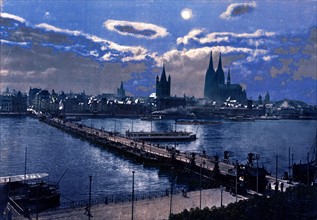 General view, by moonlight, Cologne, the Rhine, Germany 1890
