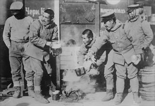 Japanese soldiers at a military canteen in Siberia, during the Russo-japanese war 1904
