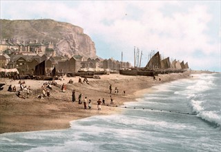 East Cliff, with beach and fish market, Hastings, England