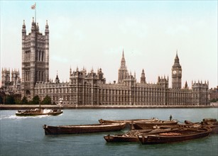 Houses of Parliament from the river, London, England 1890