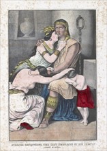 Colour illustration of Ataliba receiving the last embraces of his family conquest of Mexico