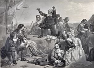 Illustration of the departure of the pilgrim fathers, for America