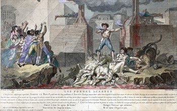 Joseph Le Bon, as a shirtless, crazed madman, standing on a pile of decapitated bodies between two guillotine