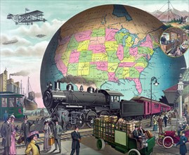 Colour illustration depicting 20th Century transportation by E.S. Yates