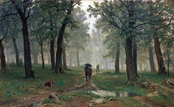 Painting by Ivan Shishkin titled 'Rain in an Oak Forest'