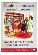 Poster commissioned by the Ministry of Health advising people to contain their germs by using a handkerchief