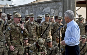 Photograph of United States Secretary of Defense Chuck Hagel listening to a question from a U.S. soldier in Jalalabad, Afghanistan