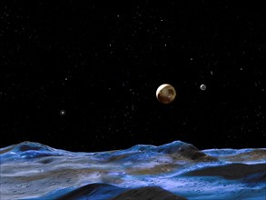 artist's concept above shows the Pluto system from the surface of one of the smaller moons 2015