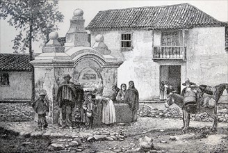 Engraving depicts an courtyard in Bogotá, the capital of Colombia and Cundinamarca Department