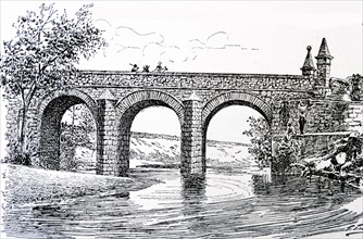 Engraving depicts the Bridge of the Common over the Funza River or Bogotá River, Province of Bogotá