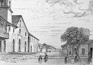 Engraving depicts the Parish Church and old cass of the Viceroys in Bogotá