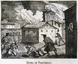 Engraving depicting the burning Torquemada