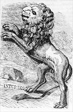 Engraving depicting a lion rearing up on it's back legs