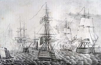 Engraving depicts the surrender of the French fleet anchored in Cadiz