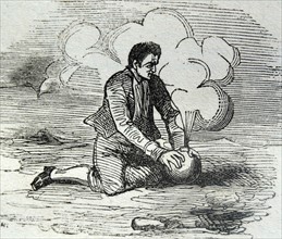 Engraving of a conspirator planting a bomb