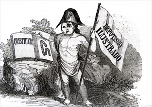 Satirical illustration depicting King Joseph-Napoléon Bonaparte holding the Bayonne Constitution