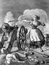 Engraving depicting Agustina Raimunda Maria Saragossa i Domènech firing a cannon