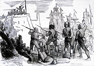 Engraving depicting the landing of French troops in Montgat