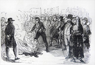 Engraving depicts the burning of invitations from Minister Jose