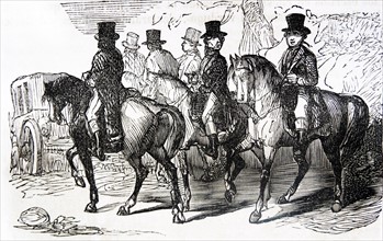Engraving depicts men leaving central Aranjuez on horseback