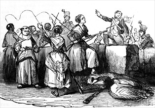 Engraving depicting a company of Gerona women rejecting the French in the wall