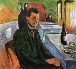 Painting titled 'Self Portrait in a Wine Bottle' by Edvard Munch