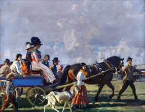 Alfred Munnings (1878-1959) Arrival at Epsom Downs for Derby Week, 1920. Oil on canvas