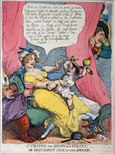 Hand-coloured etching titled 'Nursing the Spawn of a Tyrant' by Thomas Rowlandson
