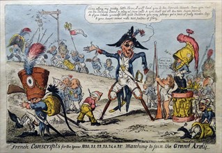 Hand-coloured etching titled 'French Conscripts for the Years 1820, 21, 22, 23, 24 & 25' by George Cruikshank
