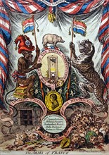 Hand-coloured etching titled 'The Arms of France' by James Gillray