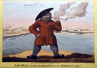 Hand-coloured etching and aquatint titled 'John Bull Viewing the Preparations on the French Coast' published by William Holland
