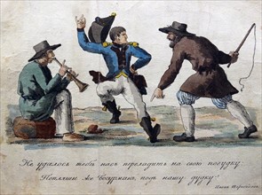 Hand-coloured etching titled 'Russians Teaching Boney to Dance' by Ivan Ivanovitch Terebenev