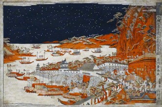 Colour woodblock titled 'Descending the Cliff at the Battle of Ichinotani' by Utagawa Toyoharu