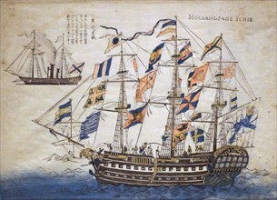 Colour woodblock print depicting a Dutch Ship