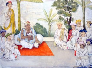 Watercolour on paper titled 'Jugal Kishore Gosain of Delhi with his attendant Gokuldas and other residents