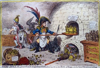 Hand-coloured etching titled 'Tiddy-Doll, the Great French-Gingerbread-Baker by James Gillray