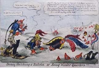 Hand-coloured etching titled 'Boney Hatching a Bulletin or Snug Winter Quarters' by George Cruikshank
