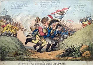 Hand-coloured etching titled 'King Joe's retreat from Madrid' by Thomas Rowlandson