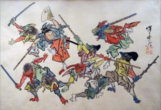 Ink painting titled 'Minamoto Yoshitsune in training' by Kawanabe Ky?sai