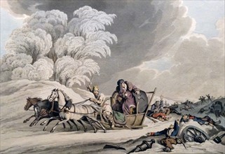 Aquatint with hand-colouring titled 'Bonaparte's Flight in Disguise from his Ruined Grand Army in Russia' by John Augustus Atkinson